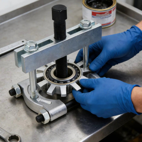 Hands using Beefy Heavy Duty Bearing Splitter And Five Inch Gear Pulley Puller Set For Automotive And ATV Use on a bearing