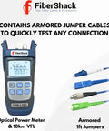 FiberShack Optical Power Meter with VFL, blue handheld unit and armored jumper cables