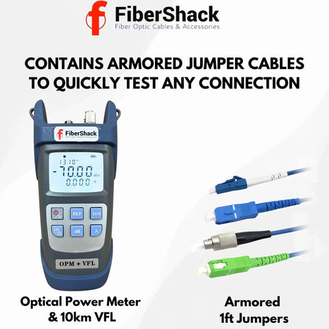 FiberShack Optical Power Meter with VFL, blue handheld unit and armored jumper cables