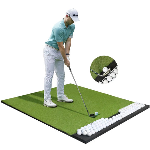Man practicing on Integrated Golf Hitting Mat With Built In Ball Tray For Indoor And Outdoor Practice 5 By 4 Foot Thick 1.02 Inch Turf