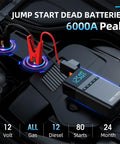 All-In-One Portable Car Jump Starter With Air Compressor, 6000A Jump Box With LED Lights, on car battery