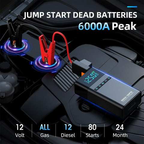 All-In-One Portable Car Jump Starter With Air Compressor, 6000A Jump Box With LED Lights, on car battery