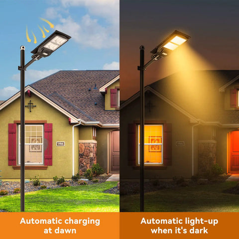 Ultra Bright Solar Street Lights Outdoor 180 LED Chips with Motion Sensor and Dusk to Dawn 3000K Warm White in yard