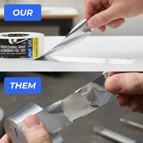 TapePlus aluminum foil HVAC duct tape, silver, 2 in x 70 yd, being peeled from roll for duct sealing