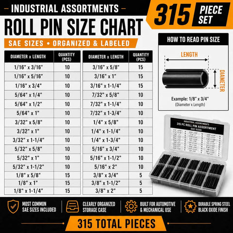 315 Piece Roll Pin Set For Repairs And Equipment, size chart featuring 11 popular sizes from 1/16 to 3/8 inch, organized in storage case