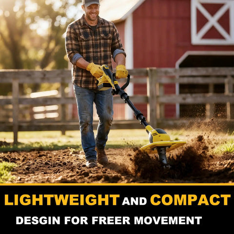 Man using Cordless 20V Garden Tiller Cultivator for backyard projects, visible four steel blades, lightweight and compact design
