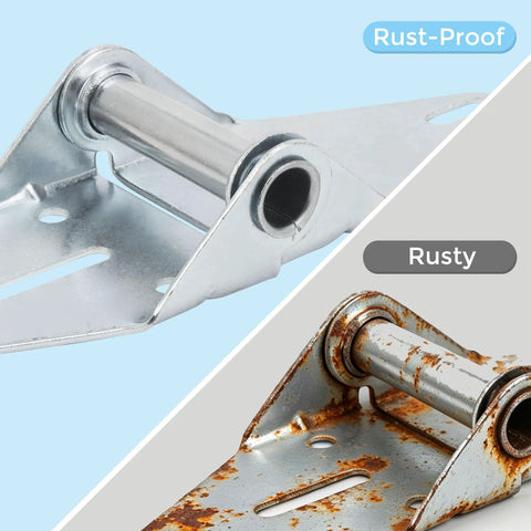 Bad Ass 2 Pack Number One Garage Door Hinges Heavy Duty 14 Gauge Galvanized Steel comparison of rust-proof and rusty hinge.