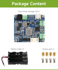 Package contents showing MPPT Dope Solar Power Manager Module With Battery Holder, supports 6V to 24V panels, screws included.