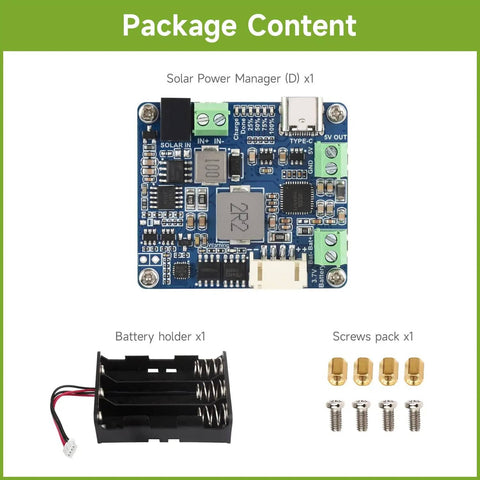Package contents showing MPPT Dope Solar Power Manager Module With Battery Holder, supports 6V to 24V panels, screws included.