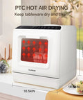 No Sweat Countertop Dishwasher With Built In Water Tank, Compact Tabletop Cleaner Offering Six Wash Cycles, High Velocity Dual Sprayers, And Foolproof Leak Guard Designed For Small Apartments And On The Go Living showing hot air drying feature.