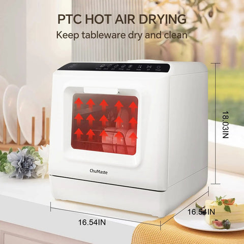 No Sweat Countertop Dishwasher With Built In Water Tank, Compact Tabletop Cleaner Offering Six Wash Cycles, High Velocity Dual Sprayers, And Foolproof Leak Guard Designed For Small Apartments And On The Go Living showing hot air drying feature.