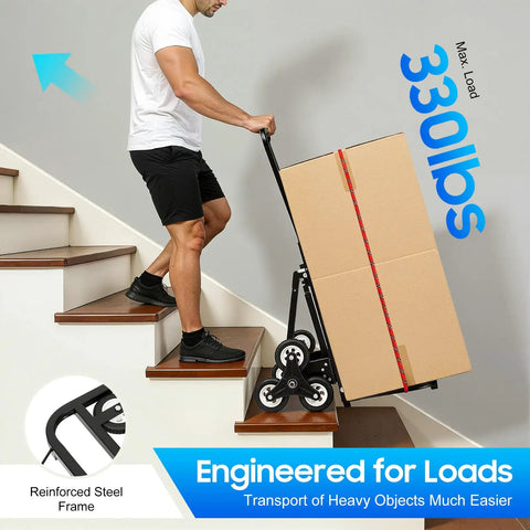 Heavy Duty Stair Climbing Cart For Easy Moving, Portable Hand Truck Dolly That Throws Back 330 Lbs, Built Tough With Front Wheels, Six Rear Wheels And Spare Tires, Your Go-To Stair Hauler For Bulky Loads. Stair use with reinforced steel frame and box.