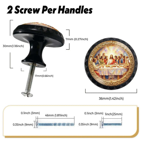 Last Supper Themed Round Cabinet Knobs 4 Pack Acrylic Drawer Pulls with dimensions shown, highlighting design details.