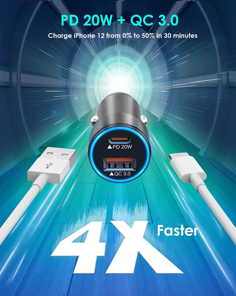 MFi Certified 38W Dual Port Car Charger With USB C Turbo Fast Charge showing ports and two accompanying cables.