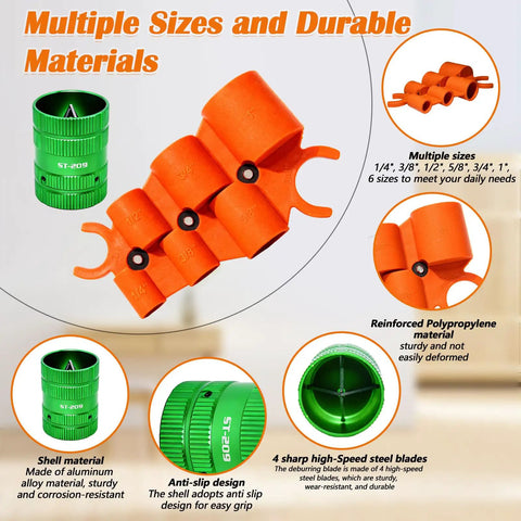 All In One Pipe Deburring And Depth Gauge Kit with various sized orange attachments and green adapter for home or pro jobs.