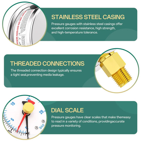 Liquid Filled Pressure Gauge 0-300 PSI, 2.5 Inch Dial, Stainless Steel casing, reset pointer, threaded connections, and dial scale