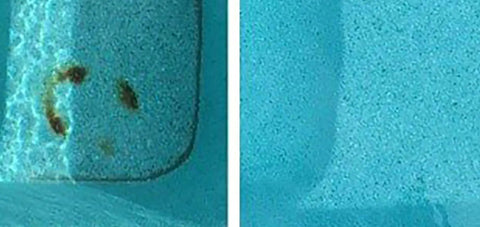 Pool Pumice Stone With EZ Clip Handle For Easy Cleaning on stained concrete pool before and after rust removal