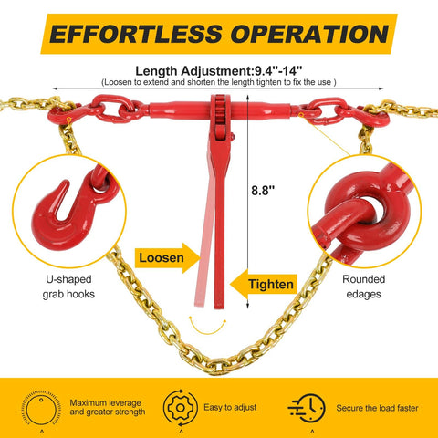 Effortless operation of Beefed Up Ratchet Tie Down Kit 1/4 To 5/16 Inch Chain With 12ft Chains And Grappling Hook Two Set