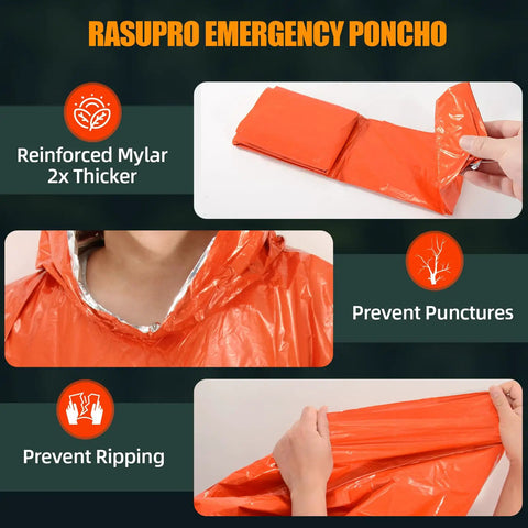 Folded orange poncho with reinforced mylar lining from 4 Pack Emergency Ponchos With Thickened Mylar Blanket Lining, Windproof Waterproof Thermal