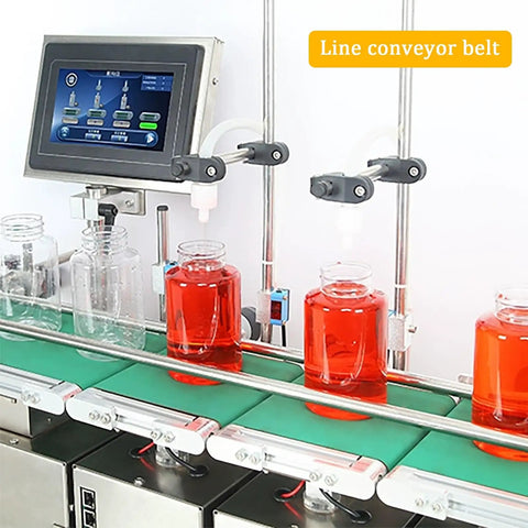 Double Head Automatic Bottle Filler Machine With Conveyor Belt, operational view filling red liquid into bottles.