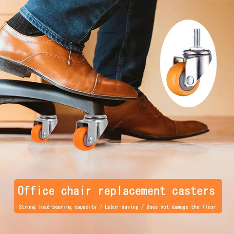 Swap Furniture Wobbles Fast With These One Inch Mini Swivel Casters Featuring Threaded Stems And Silently Rolling Nylon Wheels Built Tough For Tables And Workspace Chairs In Bright Matte Orange under a foot on a dark chair.
