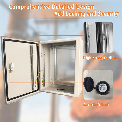 Heavy Duty Workhorse 16X12X8 Electrical Enclosure Box Nema 4 IP66 with anti-theft lock and hinge details for secure wiring.
