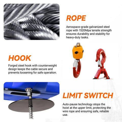 3 In 1 Electric Hoist Winch 1500W 110V Portable Workhorse Lift components: galvanized rope, steel hook, limit switch