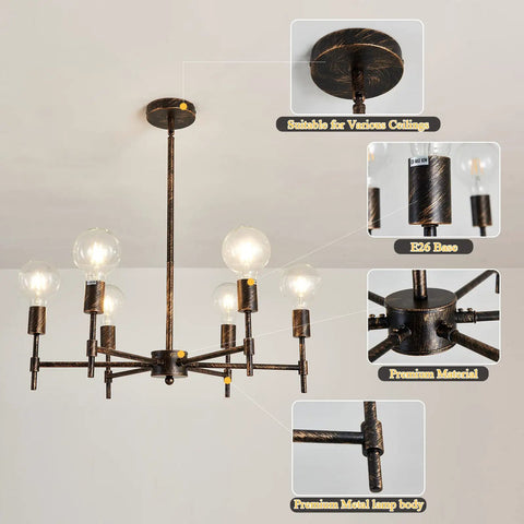Six Light Bronze Sputnik Chandelier With Industrial Modern Matte Finish Semi Flush Mount Ceiling Light Fixture For Farmhouse Kitchen Bedroom Dining Room Living Room E26 Base, showing six bulbs, metal frame, and installation details.