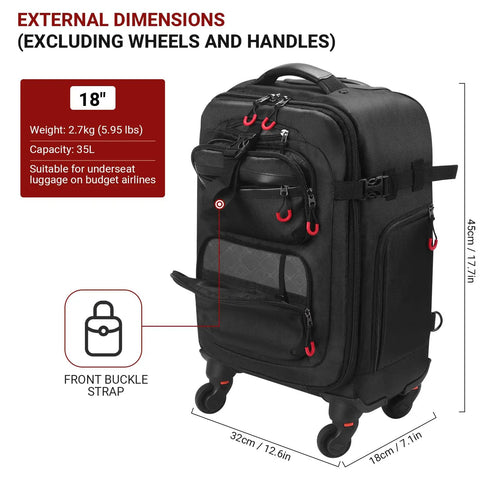 Underseat Roller Backpack With Wheels That Pass Airline Size Rules 18x14x8, front view, water-resistant with buckle strap, black.
