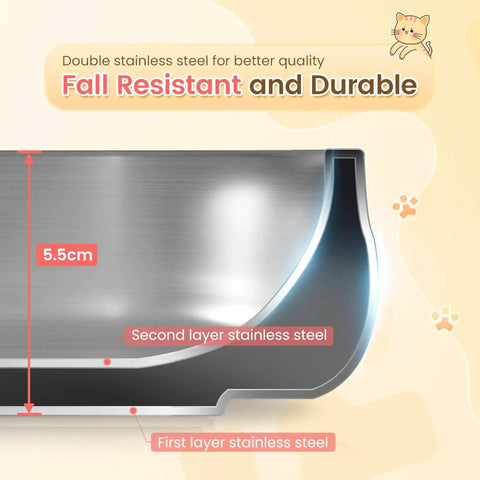 Built Tough Double Wall 304 Stainless Steel Chow Bowl For Small Dogs And Puppies showing double stainless steel layers and height measurement.