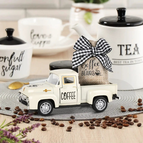 Dope Coffee Bar Truck Decor with metal diecast pickup and burlap sack on tabletop, vintage farmhouse ornament with coffee beans