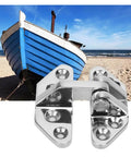 Rotating Concealed Door Hinges In Stainless Steel For Marine Use, Cabinet And Drawer Hinge Set against a beach and blue boat