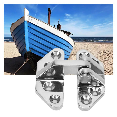Rotating Concealed Door Hinges In Stainless Steel For Marine Use, Cabinet And Drawer Hinge Set against a beach and blue boat