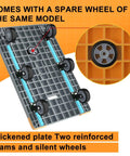 Bottom view of Foldable Heavy Duty Platform Cart With 1764 Pound Capacity showing spare wheel and reinforced beams, gray base.