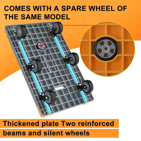 Bottom view of Foldable Heavy Duty Platform Cart With 1764 Pound Capacity showing spare wheel and reinforced beams, gray base.