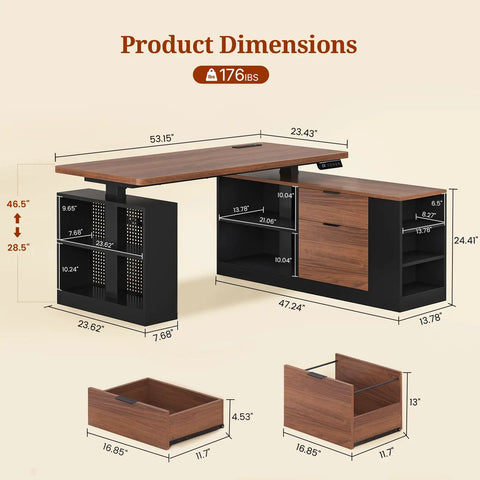 Diagram of L Shaped Standing Desk With Electric Height Adjustment For Sit-Stand Comfort, dimensions and storage features shown