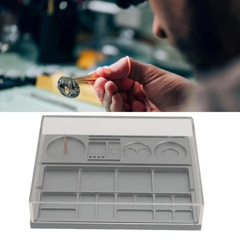 Watch Parts Organizer And Movement Tray With Dust Cover Handy Repair Box For Screw Parts And Tools Alloy Steel Tray Plus Acrylic Dust Shield Balance Wheel Clamp Support Great For DIY Watch Repairs And Craft Storage