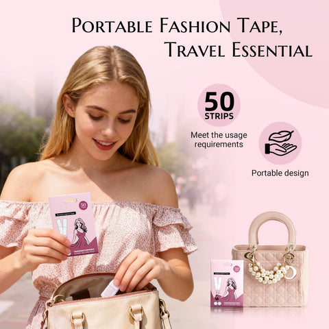Woman placing strong hold double sided fashion tape for women in purse, portable skin friendly adhesive for clothing.
