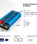 Straight Up 3000 Watt Pure Sine Wave Inverter dimensions showing 15.16x4.02x6.3 inches with LCD panel and dual remote connections.