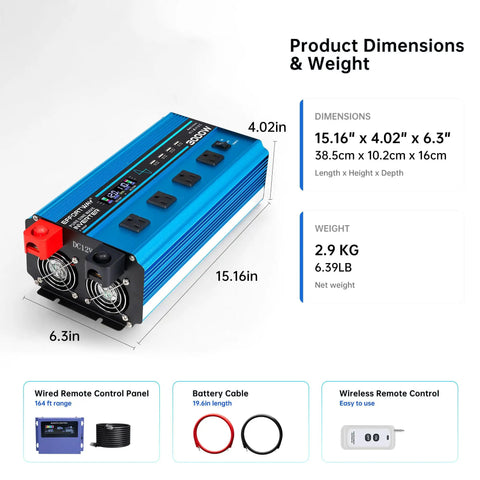 Straight Up 3000 Watt Pure Sine Wave Inverter dimensions showing 15.16x4.02x6.3 inches with LCD panel and dual remote connections.