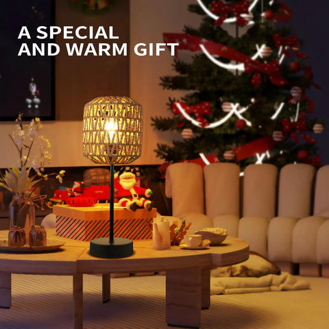 Rustic Rattan Table Lamp With Handmade Woven Shade, Dimmable Touch Control Boho Nightstand Light in cozy living room setting