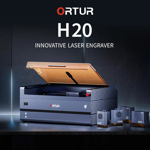20W Laser Engraver And Cutter With Air Assist For Wood Metal Acrylic, 16.5 By 11.8 Inch Bed, machine with open lid on table