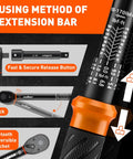 Close-up of Half Inch Drive Click Torque Wrench Set with 10 to 170 ft-lb range, dual scale, 72-tooth head, and extension bar guide.