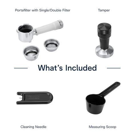 Compact Espresso And Cold Brew Coffee Maker Featuring Built In Milk Frother Wand accessories: portafilter, tamper, cleaning needle, scoop.