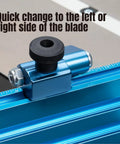 Close-up of adjustable flip stop on Killer Table Saw Miter Gauge System featuring quick left or right blade adjustments.