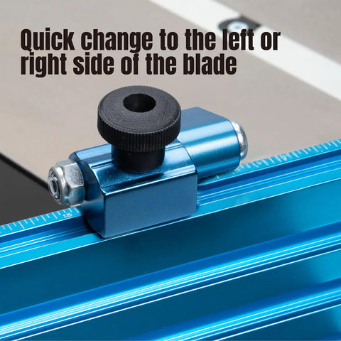 Close-up of adjustable flip stop on Killer Table Saw Miter Gauge System featuring quick left or right blade adjustments.