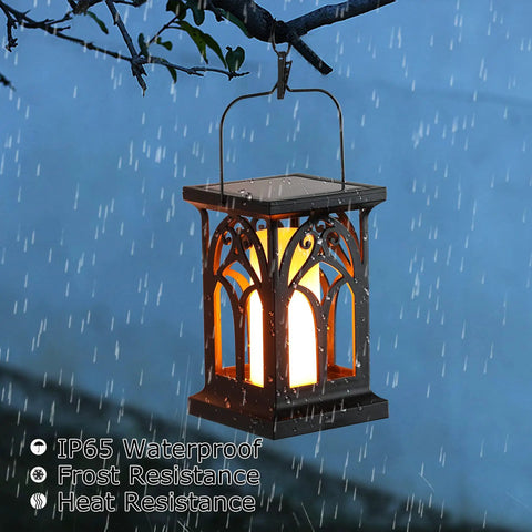Outdoor Flickering Flame Solar Lanterns 2 Pack No Fuss Waterproof Wall Sconce Lights With 3 Lighting Modes in rain