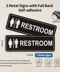 Image showing two black metal unisex restroom signs, 9x3 inches, with strong adhesive backing described as waterproof and UV-protected.