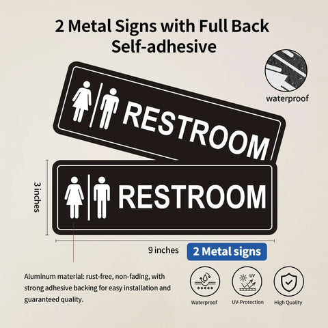 Image showing two black metal unisex restroom signs, 9x3 inches, with strong adhesive backing described as waterproof and UV-protected.