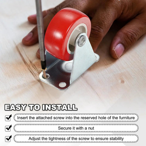 1.5 Inch Red Swivel Caster Wheels Set being installed on wood surface with screwdriver, 8 Pack PVC Plate Casters With 66 Lb Capacity Each